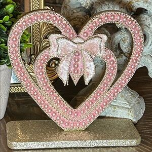 NEW! Vintage Inspired Beaded Pink Pearl Wood Love Heart Valentine’s Day Sign